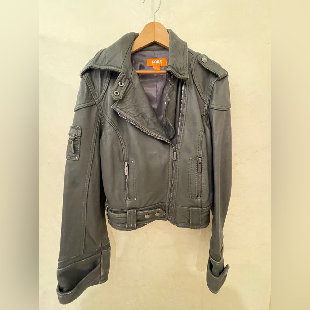 Michael Kors, Dark Grey Leather Moto Jacket,
Size XL
